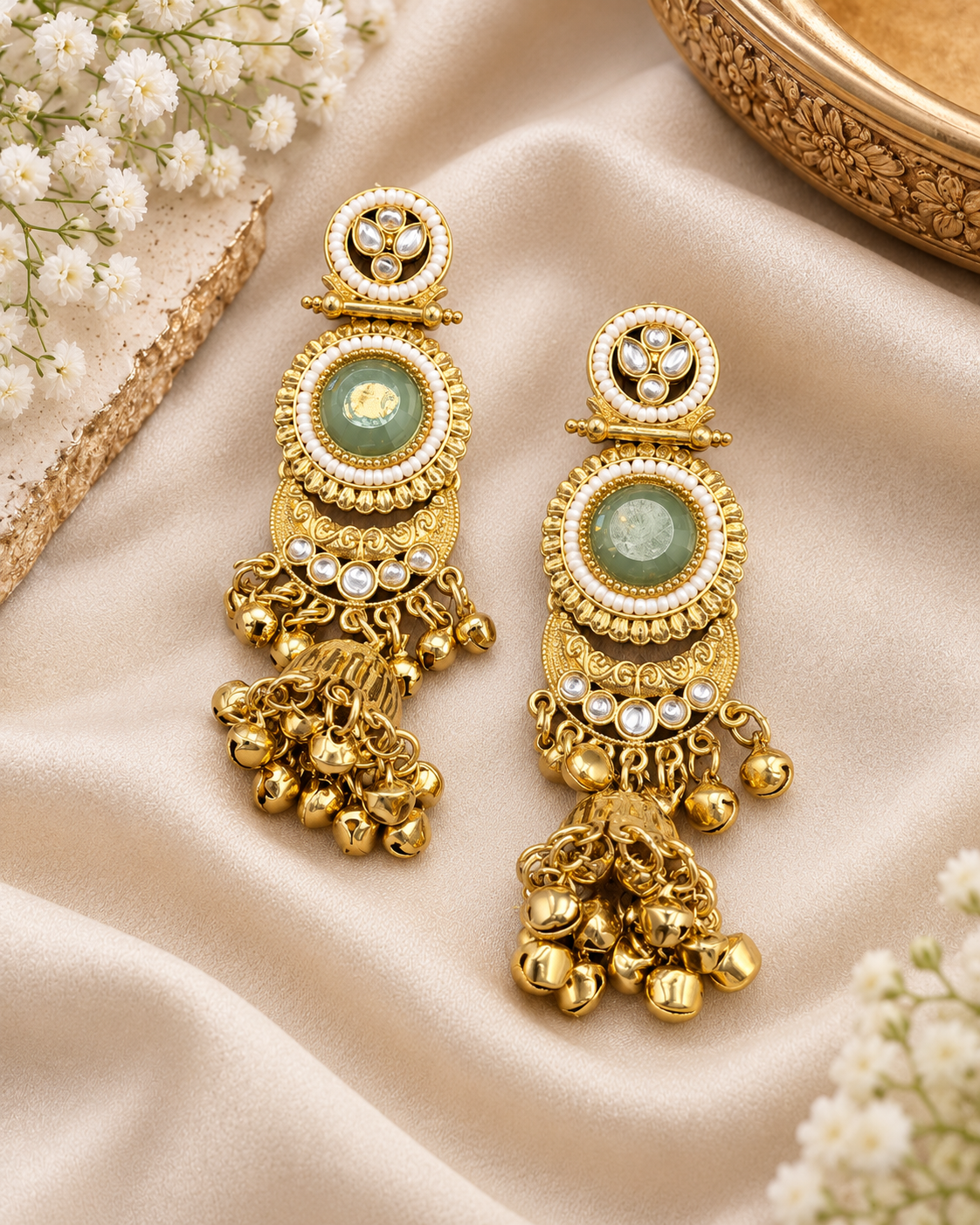 CIRCULAR STONE CRESCENT JHUMKA DROP EARRINGS